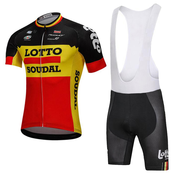 2018 Lotto Soudal Schwarz gelb Rot Fahrradbekleidung Radtrikot Satz Kurzarm+Kurz Trägerhose AWRD8 2018 Lotto Soudal Schwarz gelb Rot Fahrradbekleidung Radtrikot Satz Kurzarm+Kurz Trägerhose AWRD8